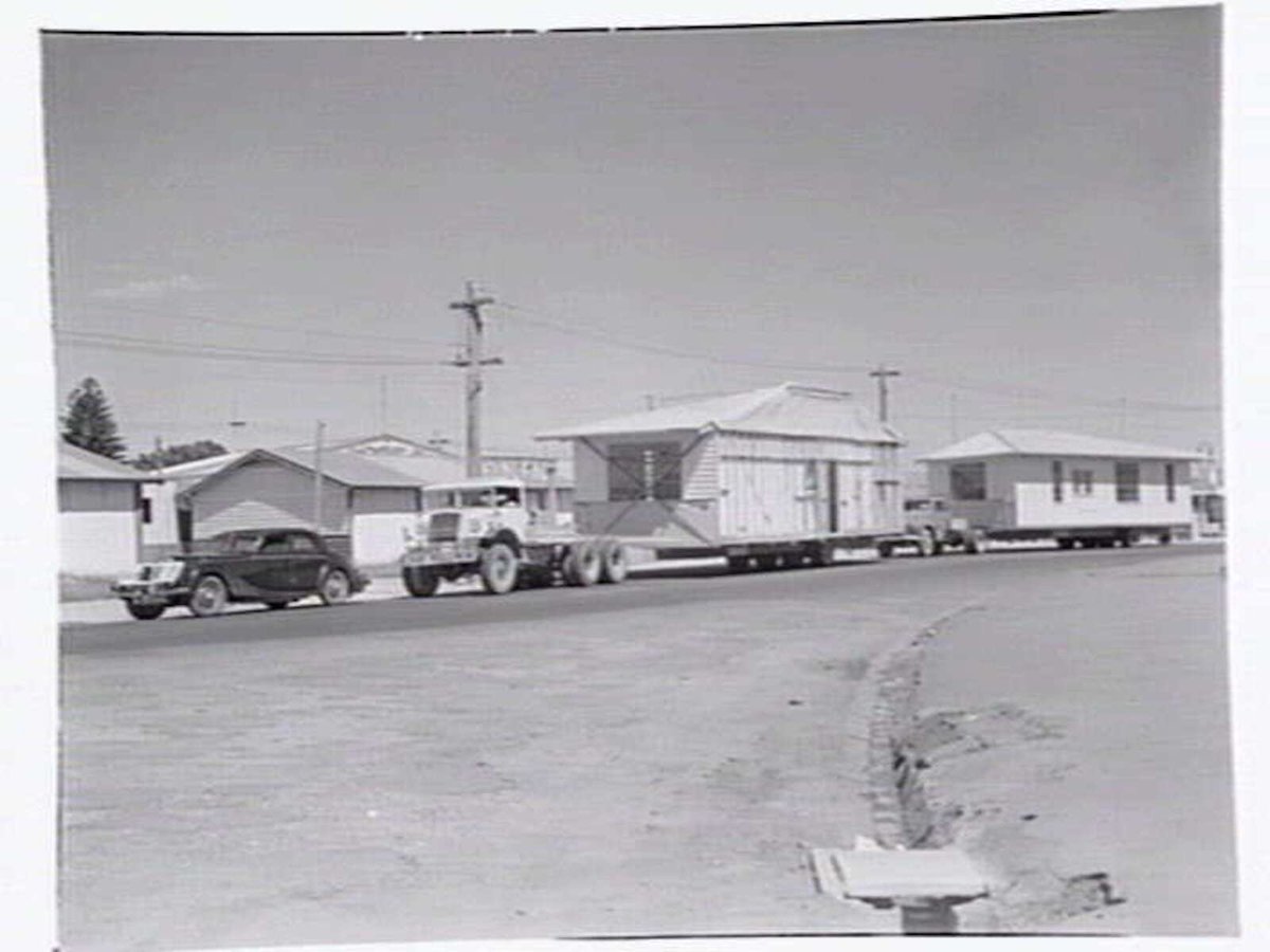 Pre-fabricated houses being moved on low loader in Highett and Mordialloc (1949–55)