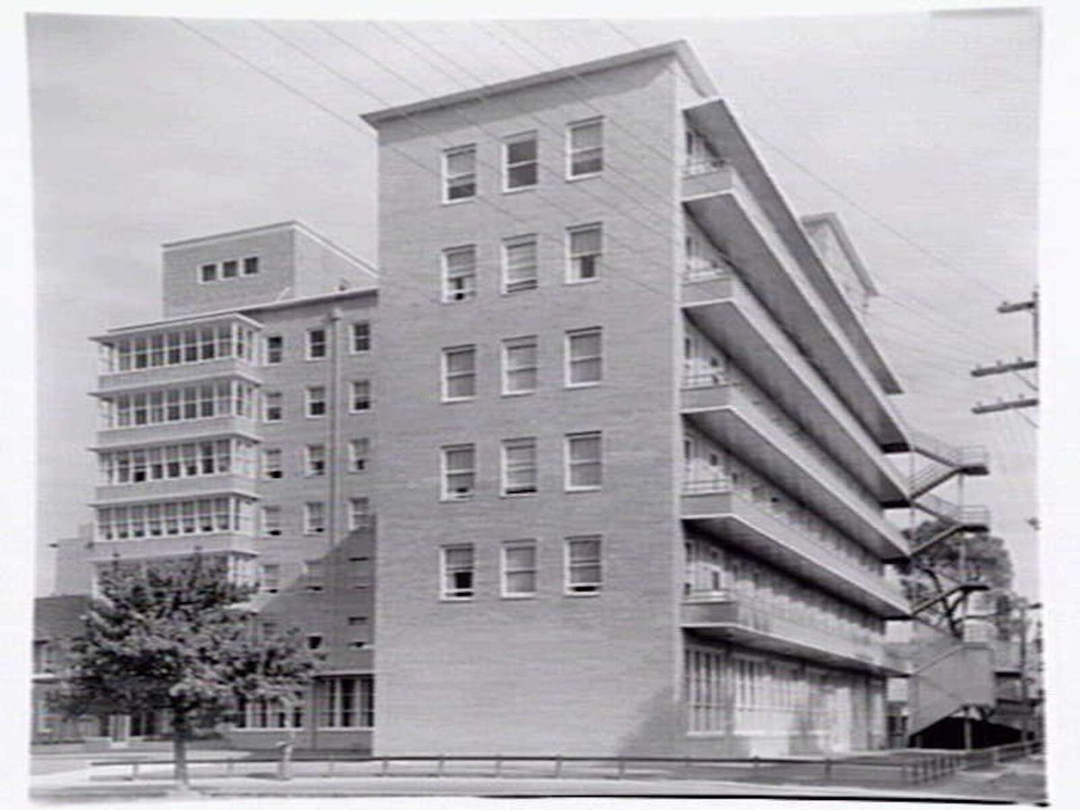Exterior views of multi-storey building, possibly the Mercy Hospital, East Melbourne ? (1949–55)