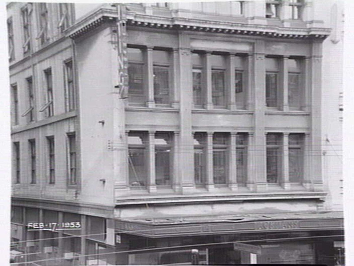 Construction for the Degraves Street Subway showing the Ackman's building at 250 Flinders St., Melbourne, being excavated for the Degraves St. entrance steps, Melbourne City (1953)