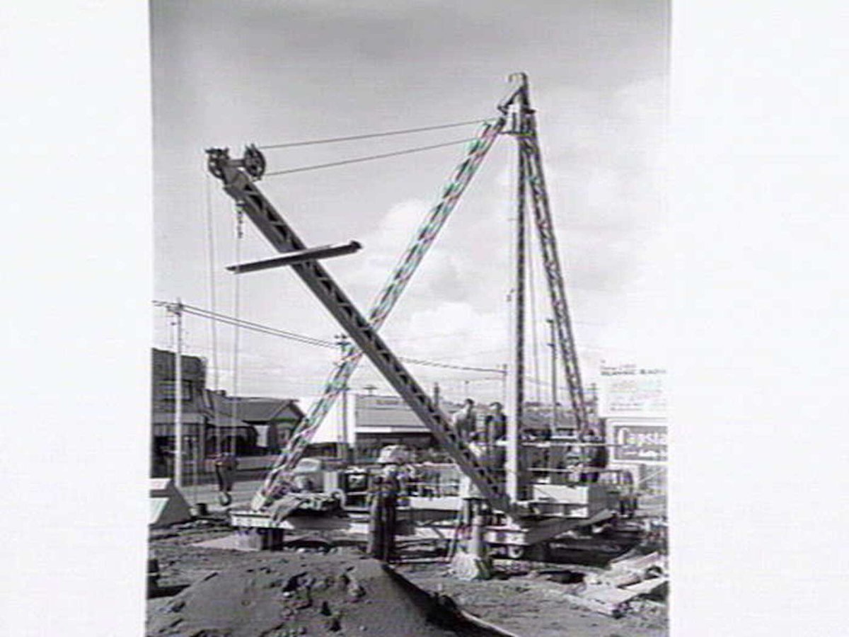 Crane excavating at Glenhuntly Rd. Caulfield (1953)