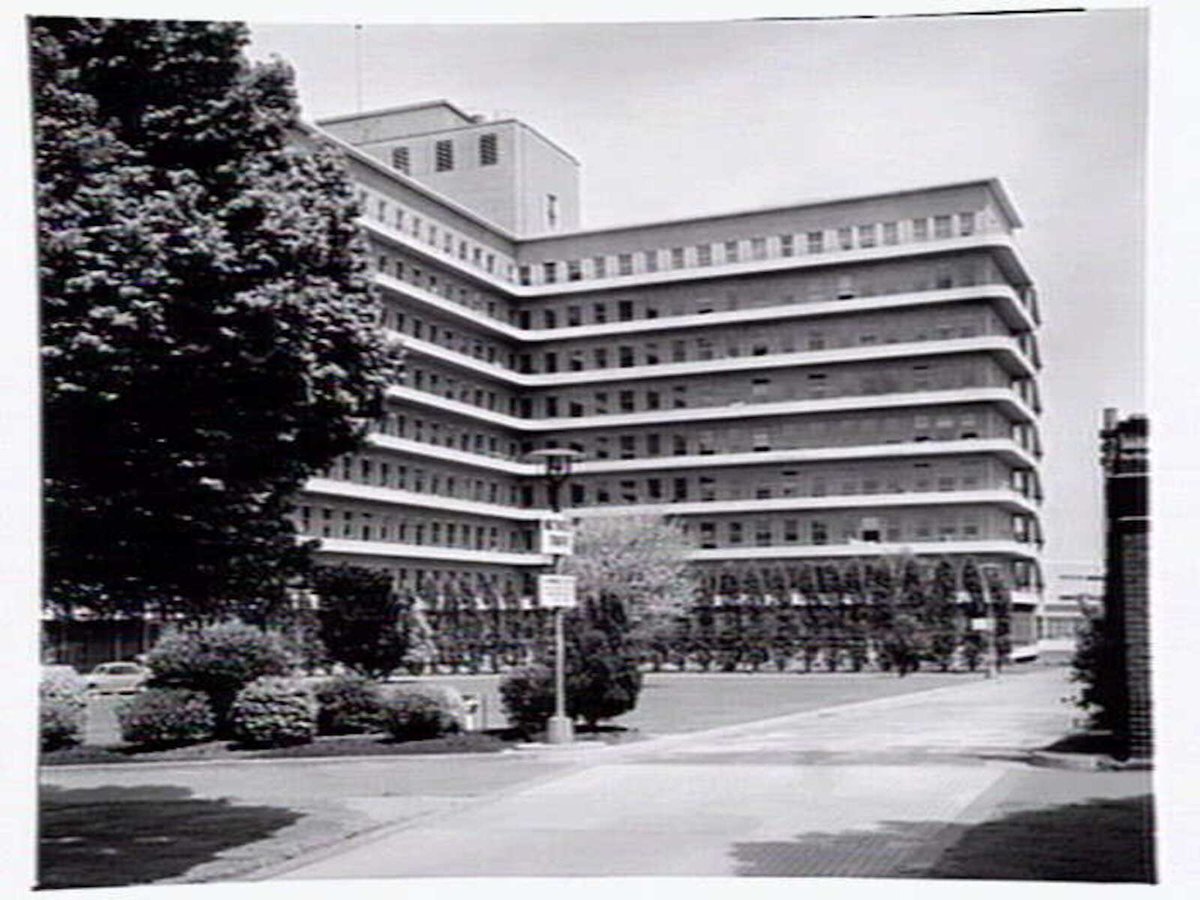 Royal Melbourne Hospital, viewed from Royal Parade, Melbourne City (1953)