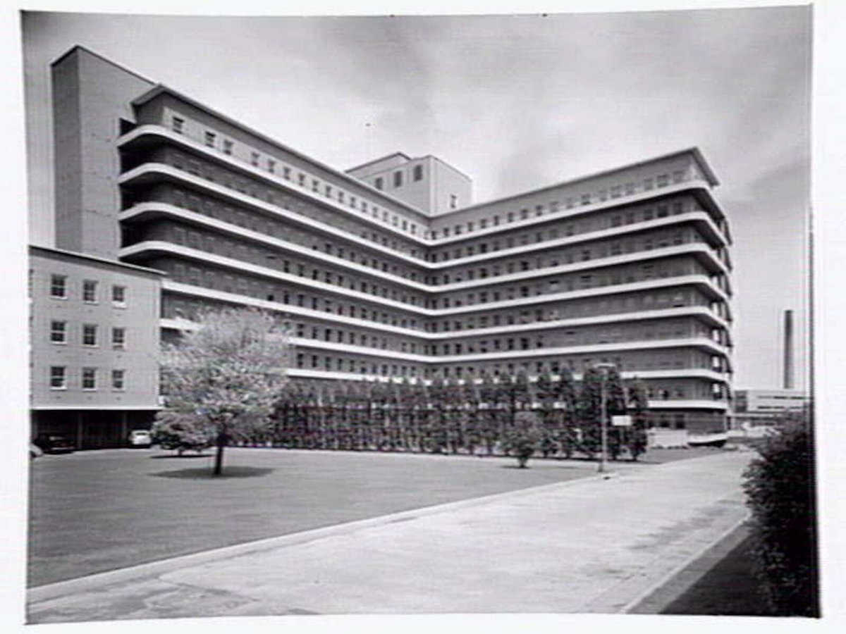 Royal Melbourne Hospital, viewed from Royal Parade, Melbourne City (1953)