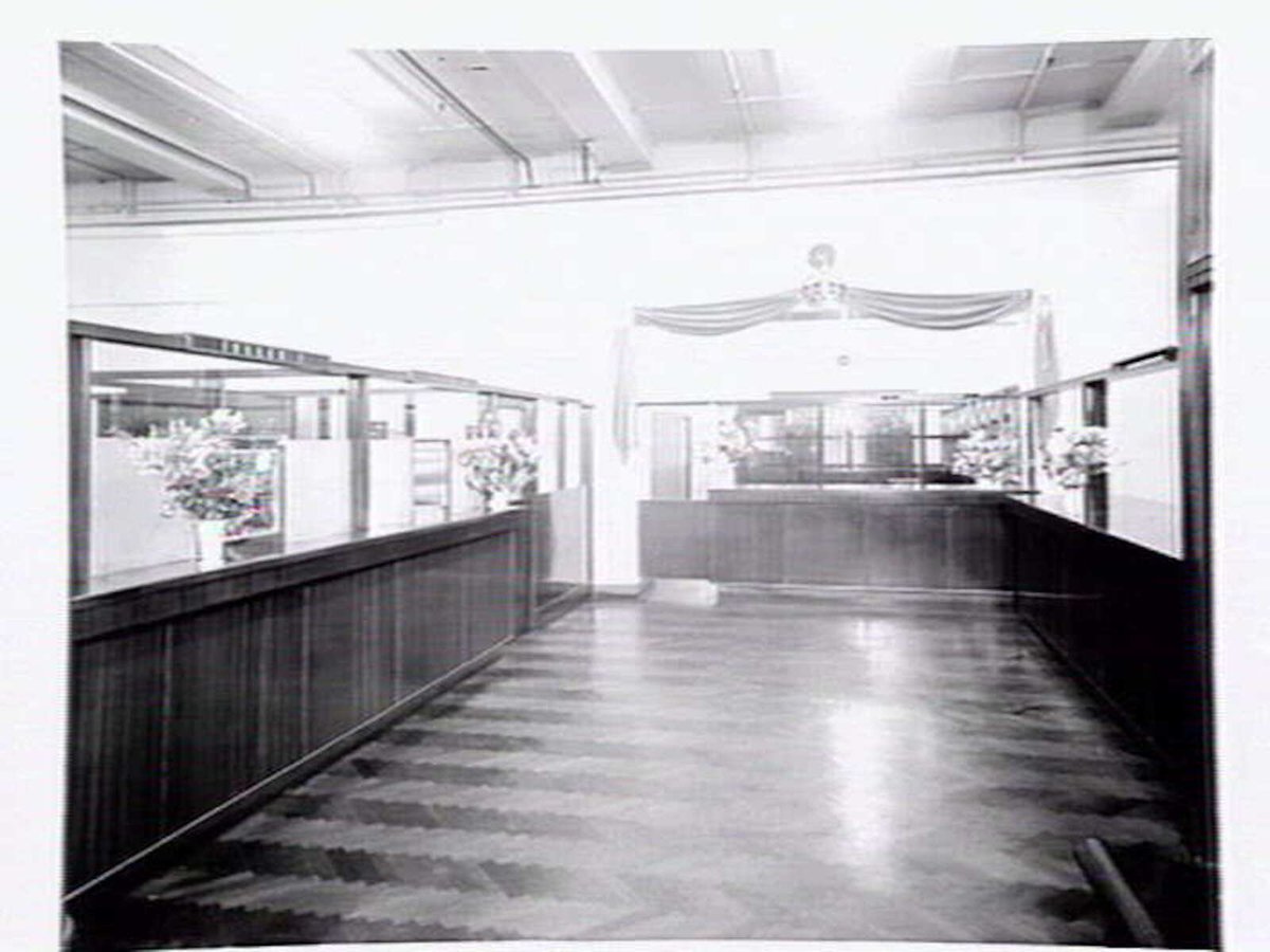 Bank in Elizabeth Street decorated for Royal visit, Melbourne City (1954)