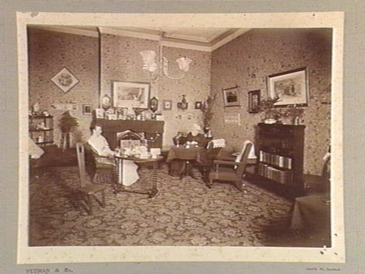 Interior view of Englefield, 69 Mathoura Road, Toorak, showing Amy Flower and Mrs. Horace Flower seated (1899)