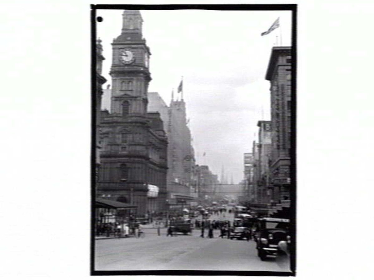 View in Bourke Street, looking towards Parliament House, East Melbourne (1936–39)