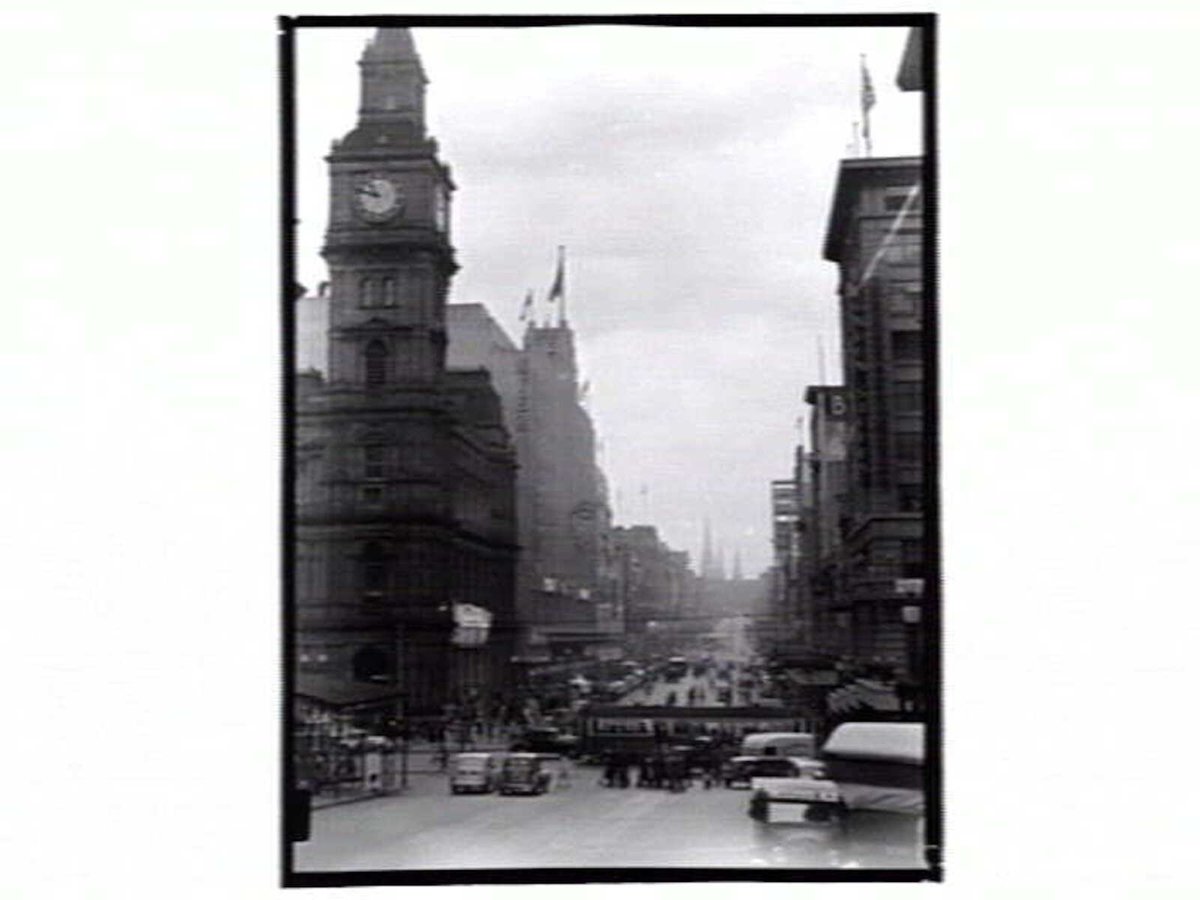 View in Bourke Street, looking towards Parliament House, East Melbourne (1936–39)