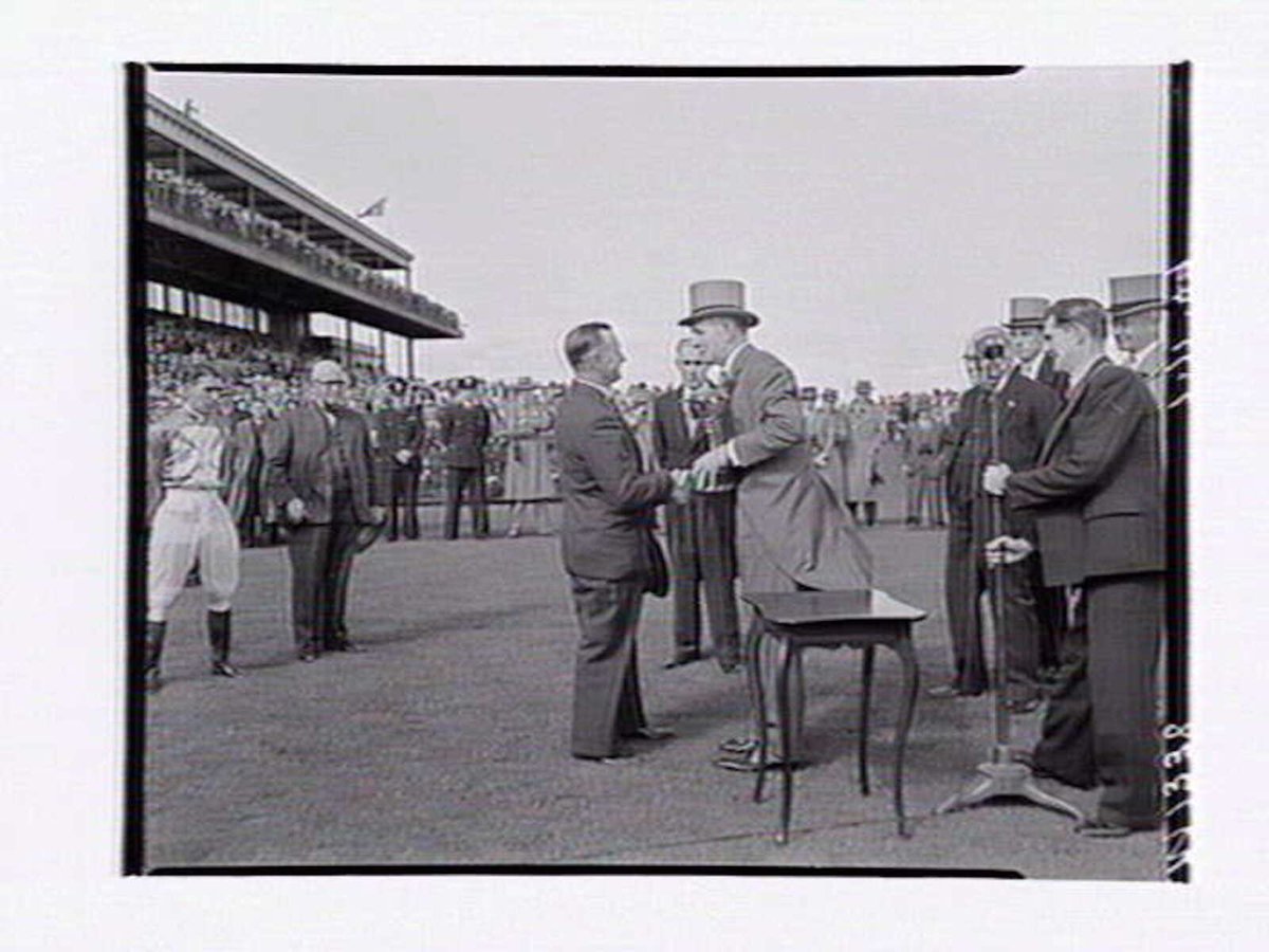 Presentation of Melbourne Cup trophy at Flemington Racecourse (1949)