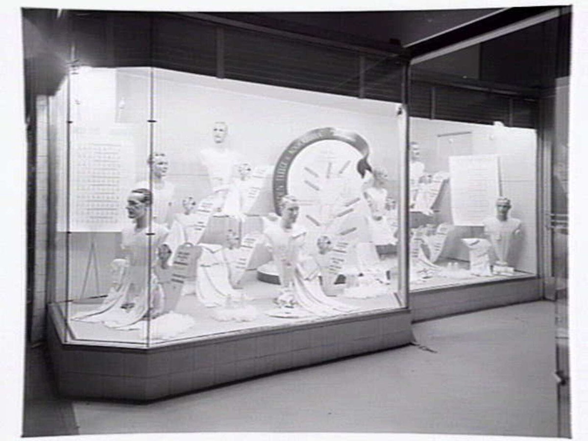 Window displays at McLeod's Mens Store, 335 Bourke Street, Melbourne, corner of Royal Arcade, Melbourne City (c. 1946)