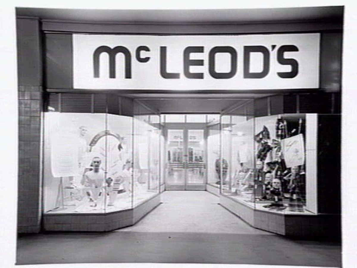 Window displays at McLeod's Mens Store, 335 Bourke Street, Melbourne, corner of Royal Arcade, Melbourne City (c. 1946)
