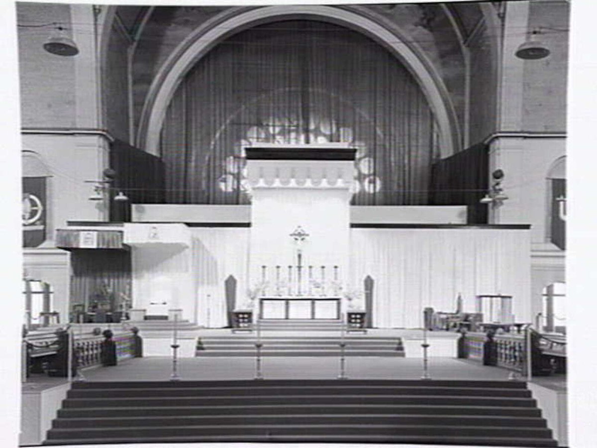 Interior of Exhibition Buildings set up as a church for public masses to celebrate the centenery of the Melbourne Catholic Diocese, Carlton (1948)