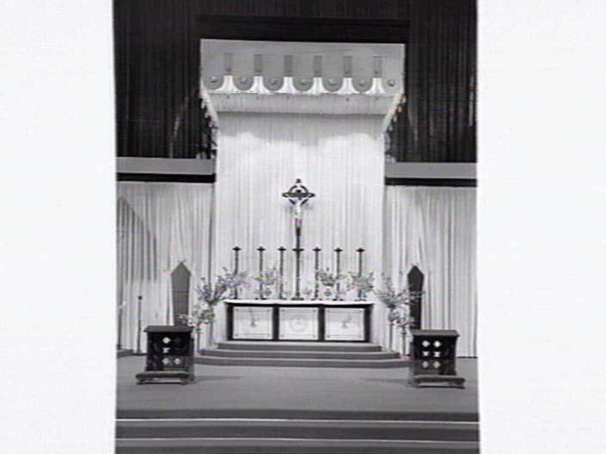 Interior of Exhibition Buildings set up as a church for public masses to celebrate the centenery of the Melbourne Catholic Diocese, Carlton (1948)