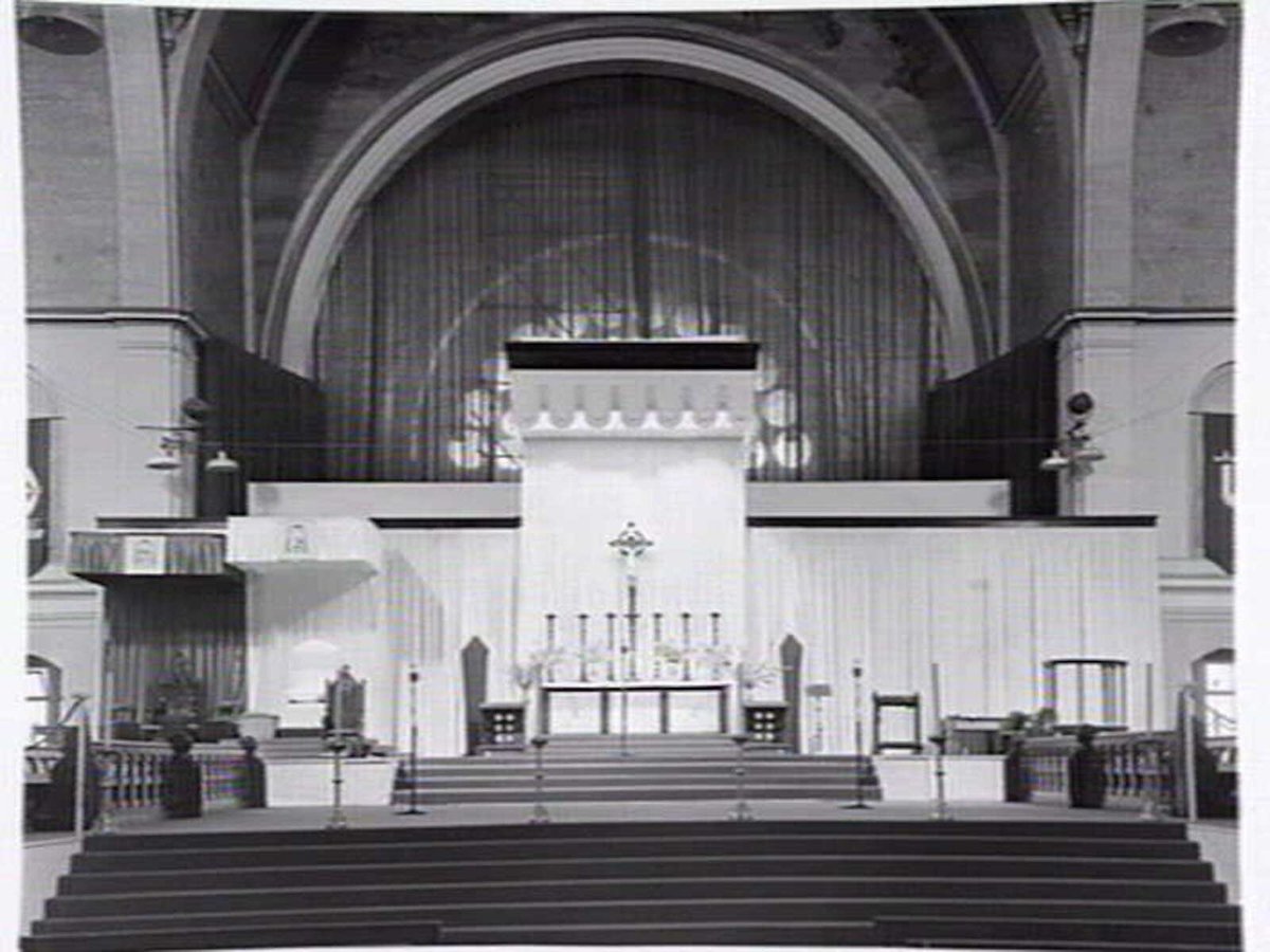 Interior of Exhibition Buildings set up as a church for public masses to celebrate the centenery of the Melbourne Catholic Diocese, Carlton (1948)