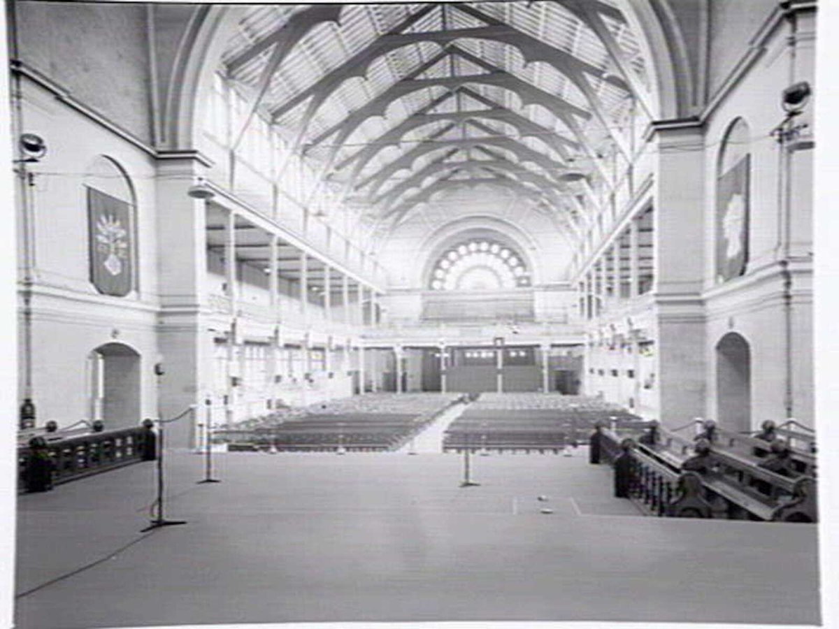 Interior of Exhibition Buildings set up as a church for public masses to celebrate the centenery of the Melbourne Catholic Diocese, Carlton (1948)