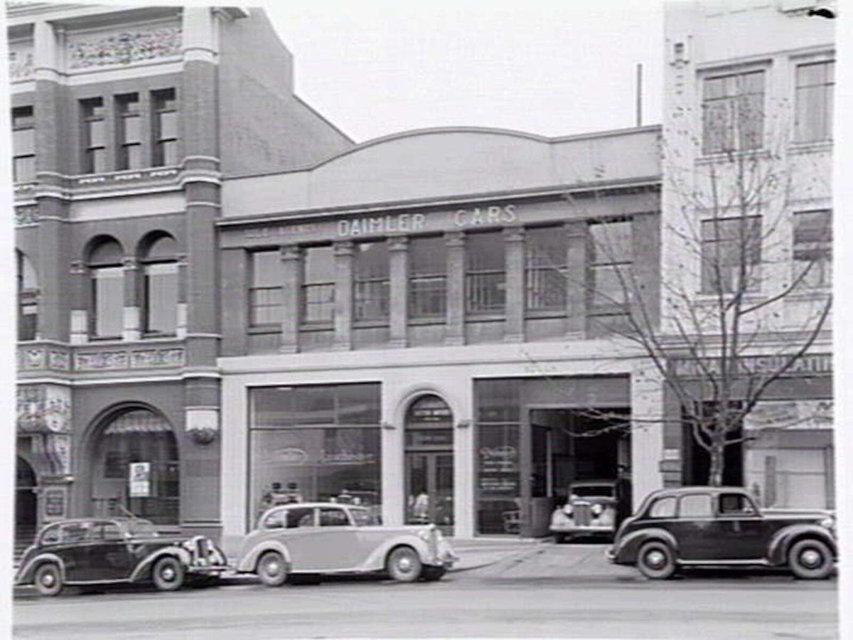 Joubert's British Motors, 566-8 Bourke St., Melbourne, showing exterior and cars in showroom, Melbourne City (1948)