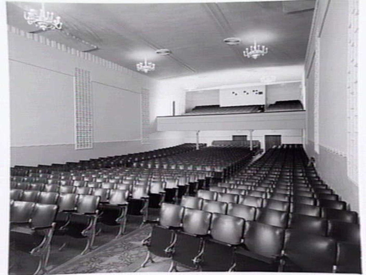Circle Theatre, Essendon, operated by Hoyts. Shows dress circle foyer, auditorium, entrance foyer and dress circle from stalls (1949)