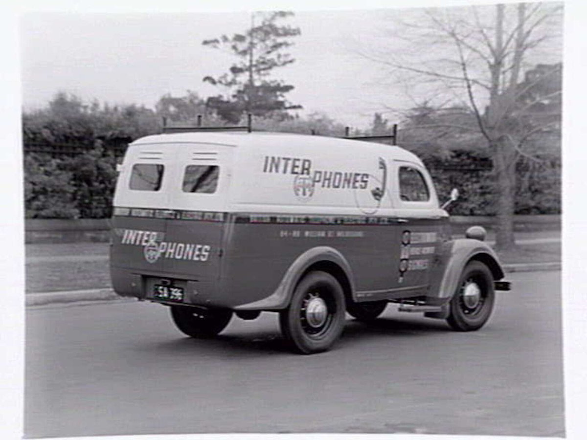 Van of British Automatic Telephone and Electric Pty. Ltd., 84-88 William Street, Melbourne, advertising Inter Phones ATM, Melbourne City (c. 1950)