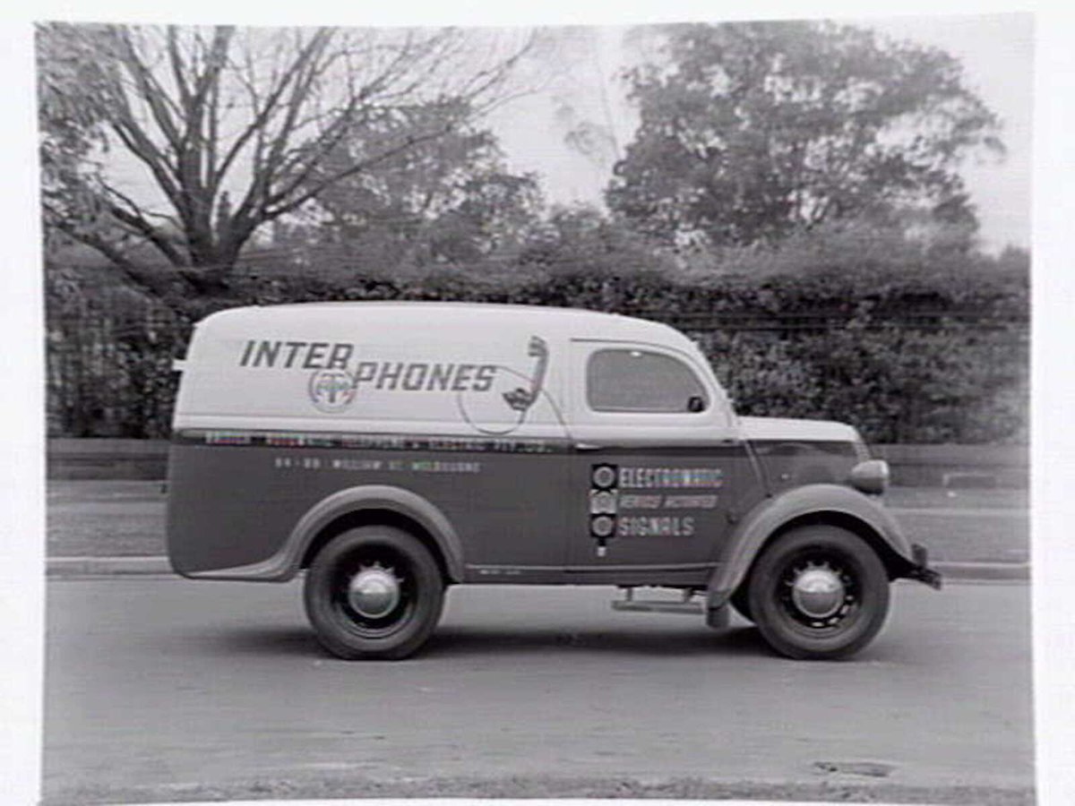 Van of British Automatic Telephone and Electric Pty. Ltd., 84-88 William Street, Melbourne, advertising Inter Phones ATM, Melbourne City (1950?)