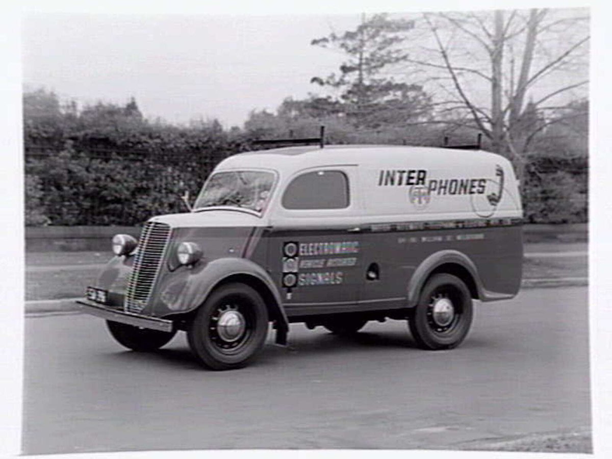 Van of British Automatic Telephone and Electric Pty. Ltd., 84-88 William Street, Melbourne, advertising Inter Phones ATM, Melbourne City (c. 1950)