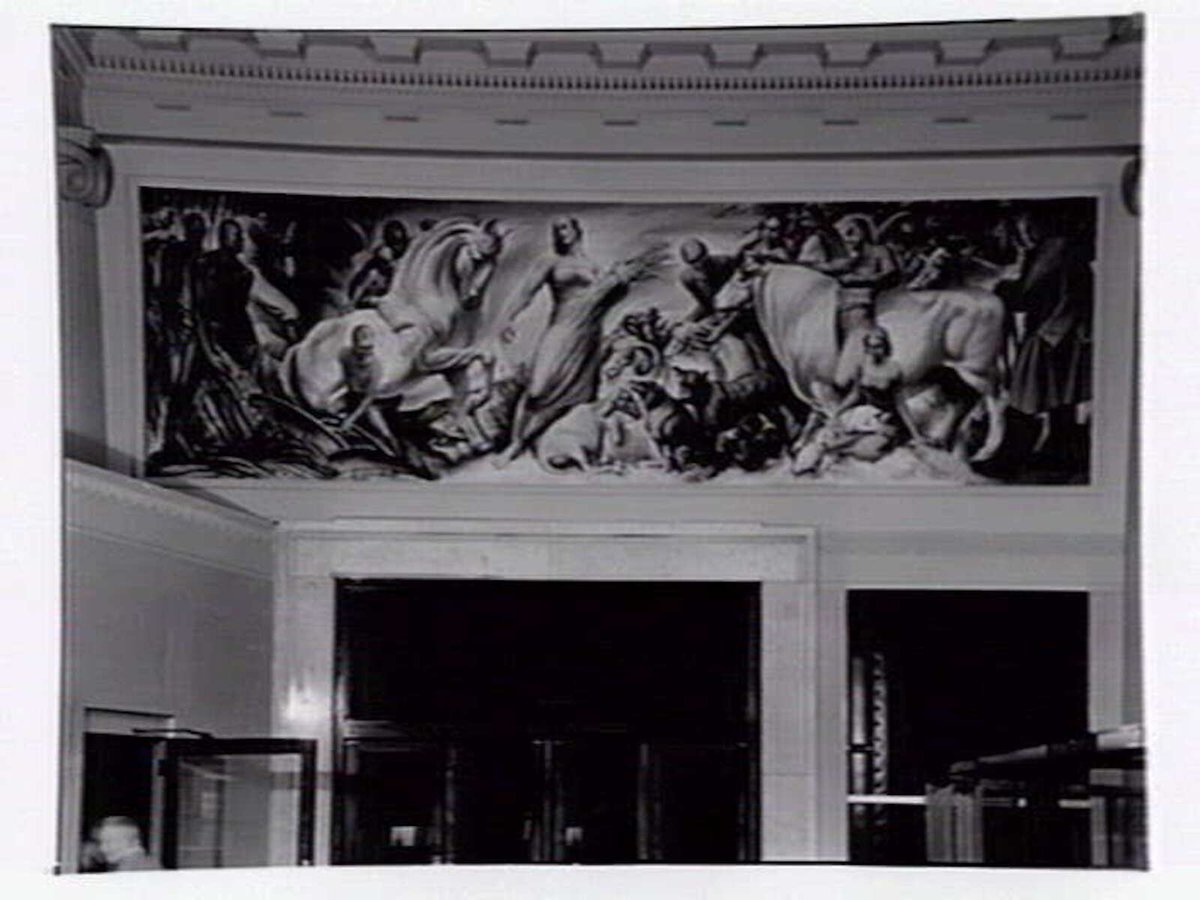 Allegorical murals by Virgil Lo Schiavo, installed in the banking chamber, Head Office, Commonwealth Bank of Australia, 363-71 Collins Street, Melbourne, Melbourne City (1952)