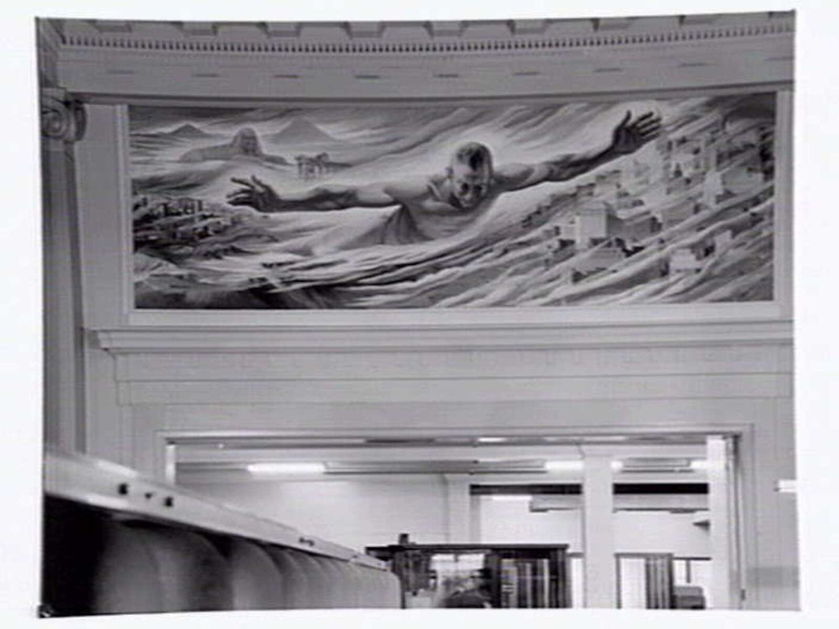 Allegorical murals by Virgil Lo Schiavo, installed in the banking chamber, Head Office, Commonwealth Bank of Australia, 363-71 Collins Street, Melbourne, Melbourne City (1952)