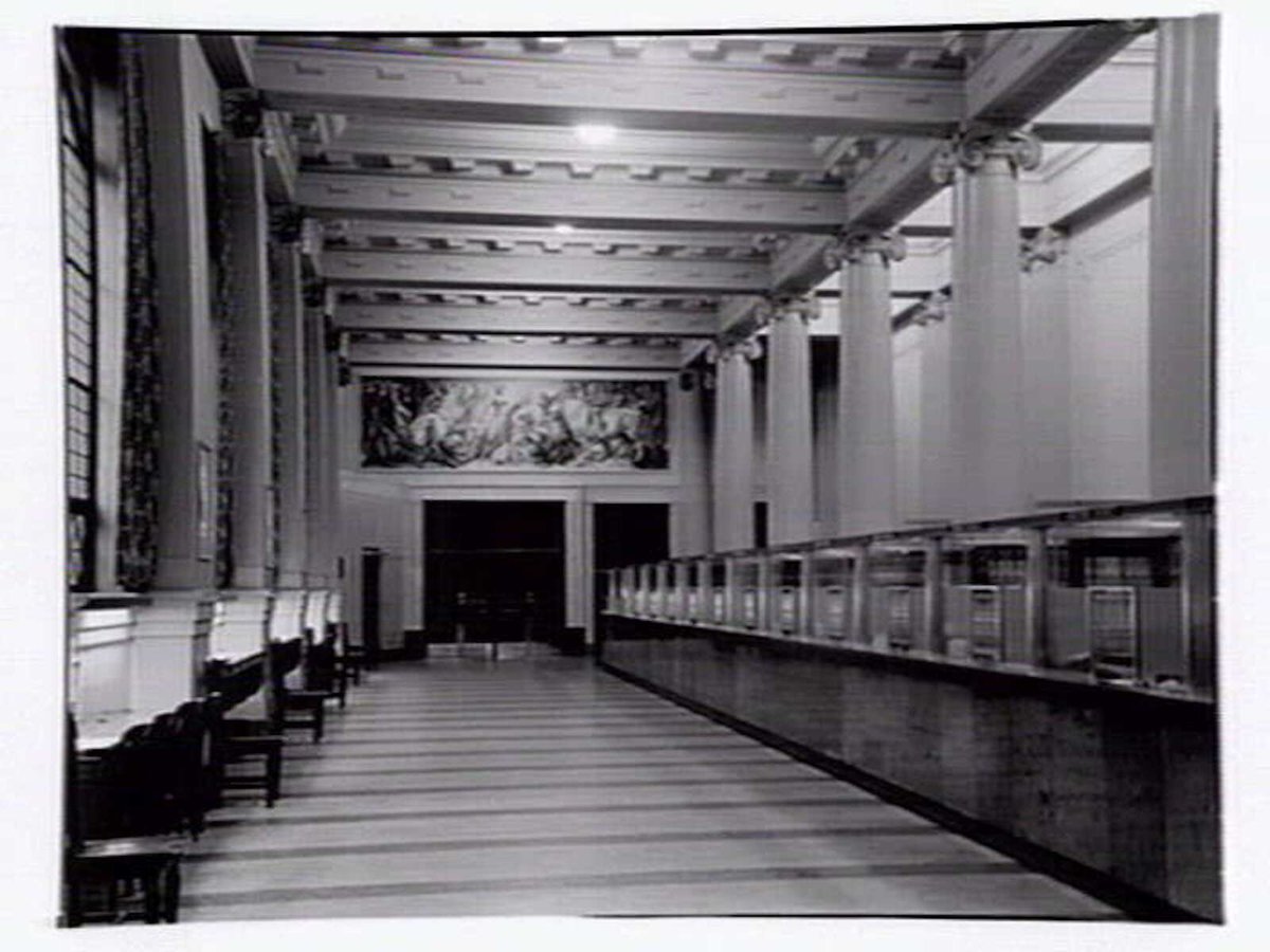 Allegorical murals by Virgil Lo Schiavo, installed in the banking chamber, Head Office, Commonwealth Bank of Australia, 363-71 Collins Street, Melbourne, Melbourne City (1952)