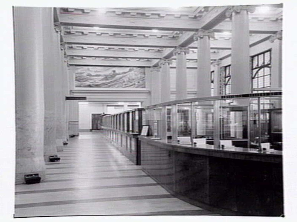 Allegorical murals by Virgil Lo Schiavo, installed in the banking chamber, Head Office, Commonwealth Bank of Australia, 363-71 Collins Street, Melbourne, Melbourne City (1952)