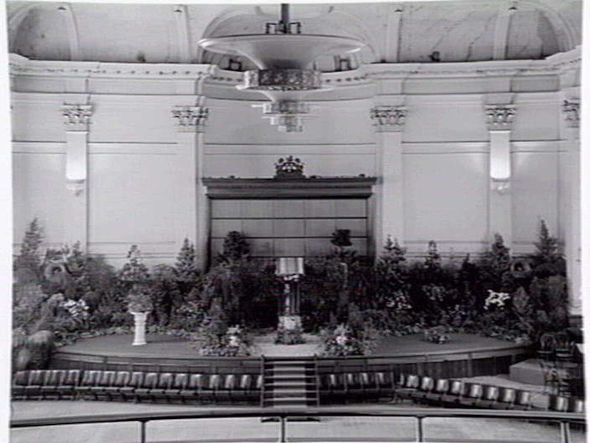 South Melbourne Town Hall interior, decorated with plants, Melbourne City (1949–55)
