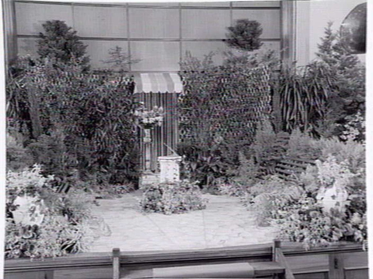 South Melbourne Town Hall interior, decorated with plants, Melbourne City (1949–55)