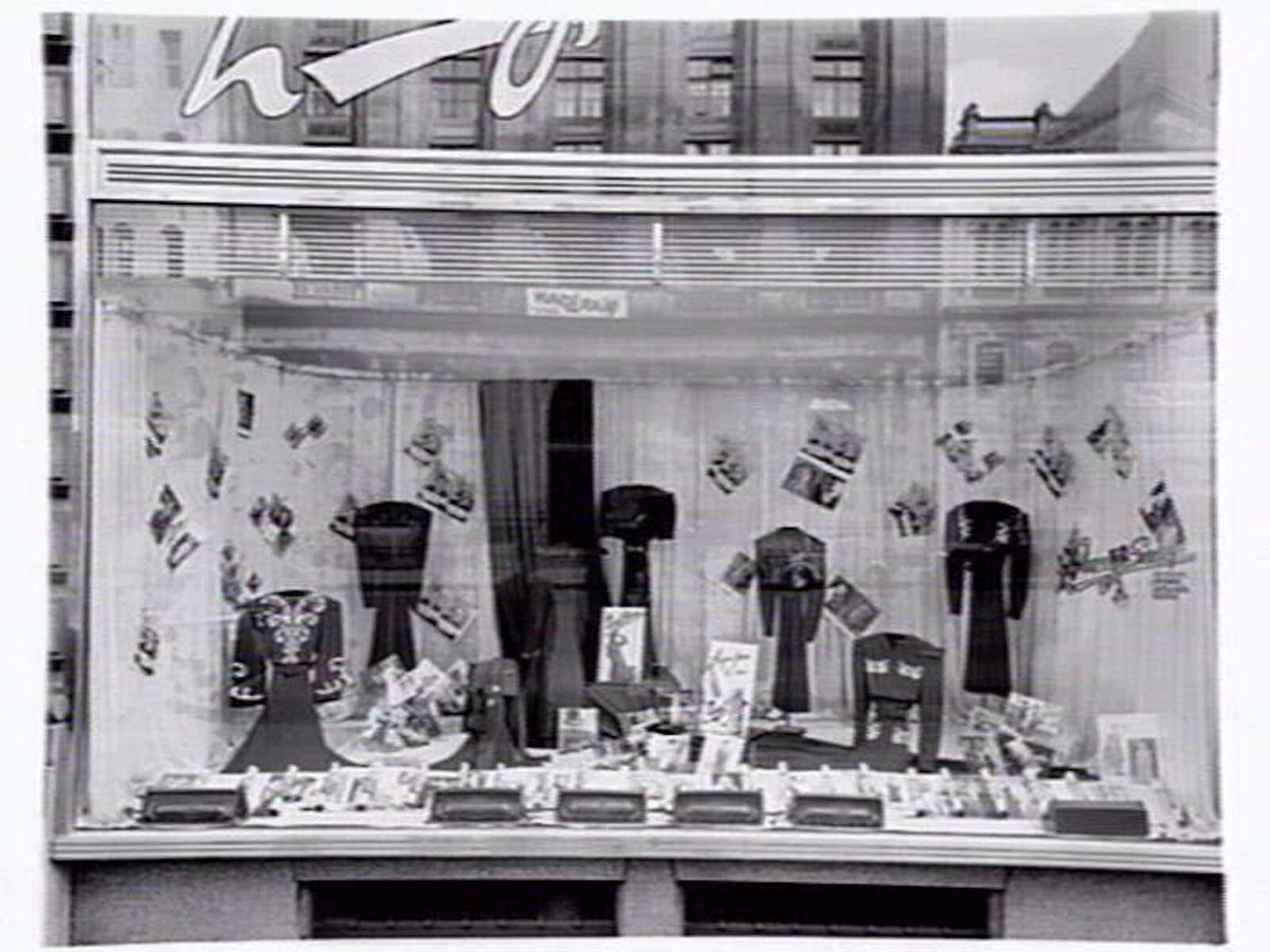 Lucy Secor Frock Salon, 280 Collins Street display window, taken during the day and at night, Melbourne City (1941?)