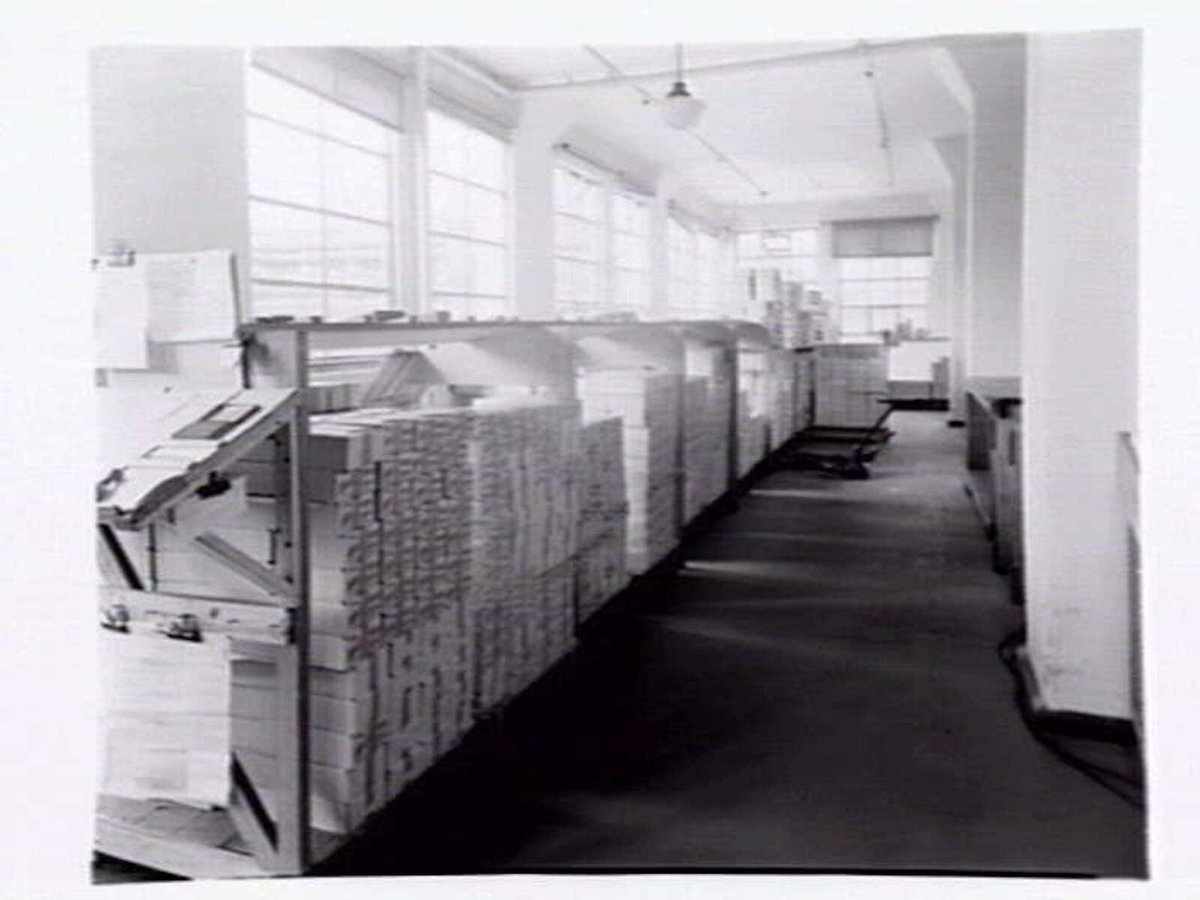 Cigarette packaging department at W.D. & H.O. Wills, 411-423 Swanston Street, Melbourne, Melbourne City (1948)