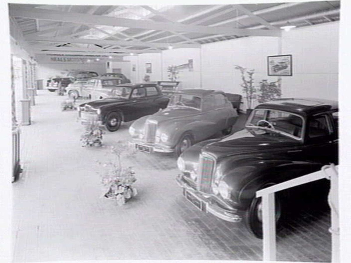 Motor car display by Neal's Motors, at the Royal Melbourne Show Grounds (1949)