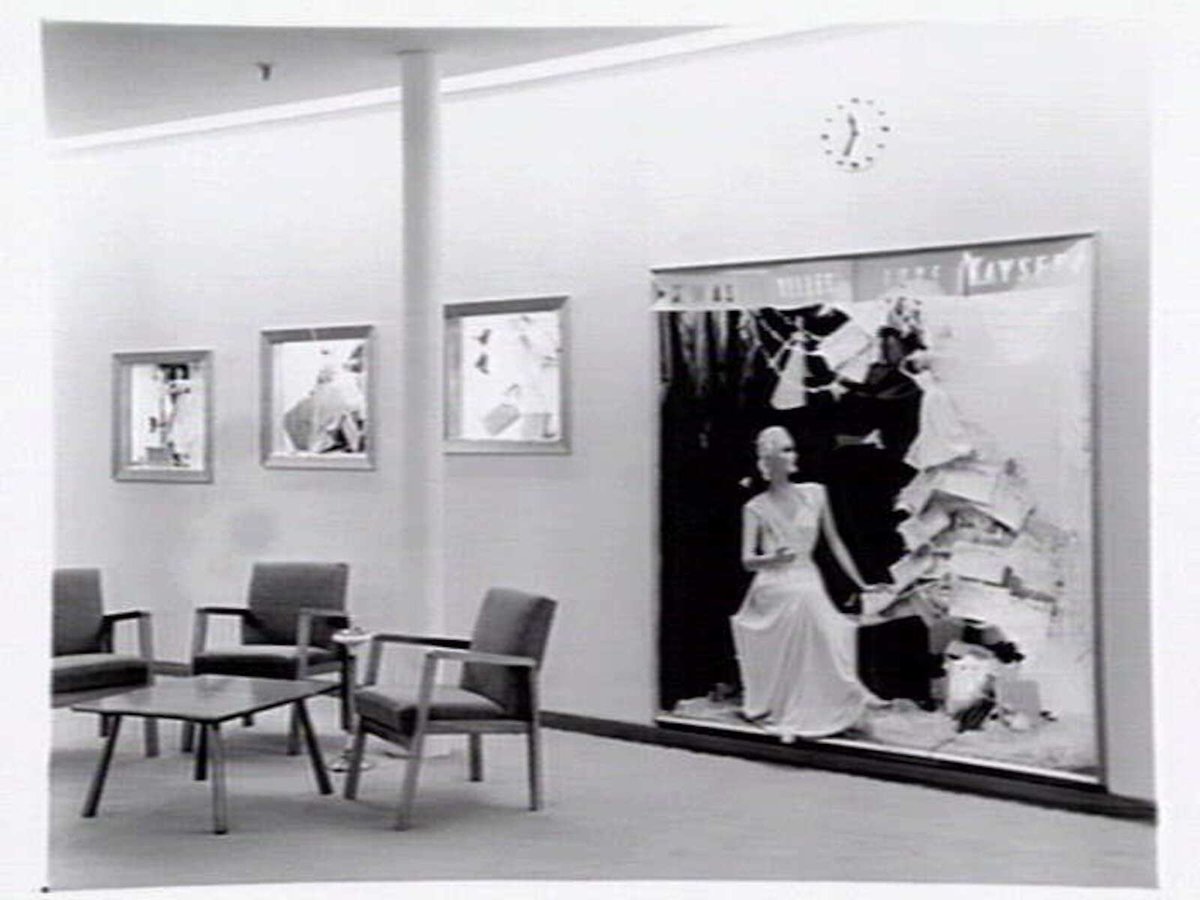 Julius Kayser & Co., 2nd floor, 328-42 Flinders Lane, Melbourne, showing small theatrette for mannequin displays, outer showroom area with display of Kayser sleeping gowns and office area, Melbourne City (1949)