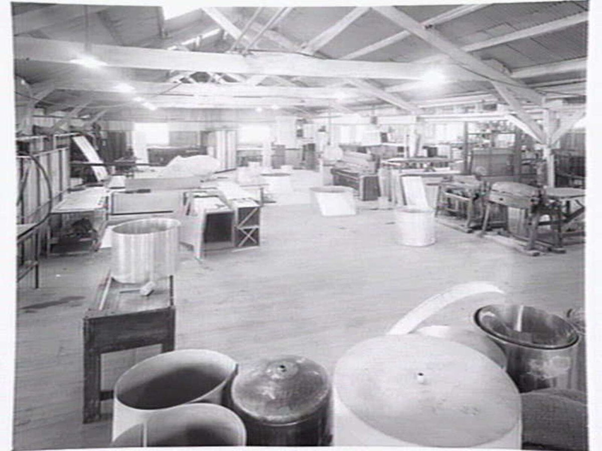 Gardner & Naylor, commercial kitchen product manufacturers of 192 Burwood Rd., Hawthorn, showing factory interior (1953)