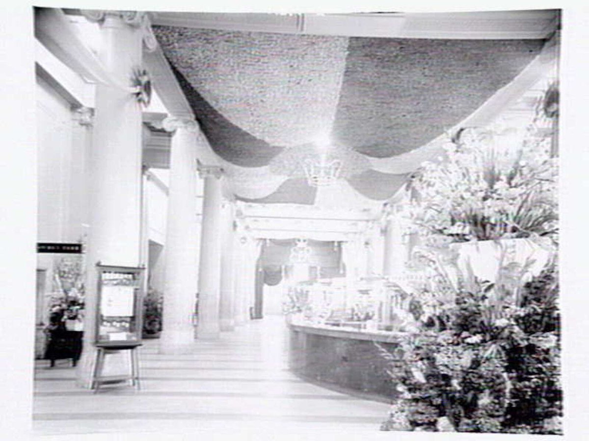 Commonwealth Bank in Collins Street decorated for the Royal visit, Melbourne City (1954)