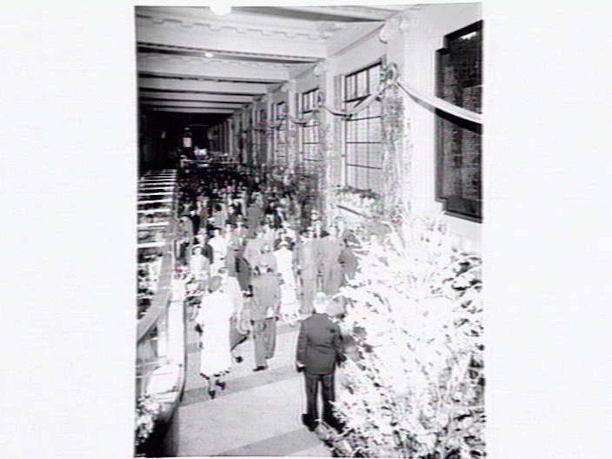 Commonwealth Bank in Collins Street decorated for the Royal visit, Melbourne City (1954)