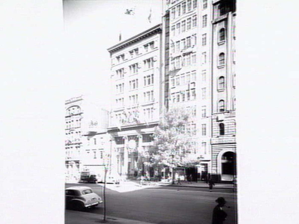Commonwealth Bank in Collins Street decorated for the Royal visit, Melbourne City (1954)