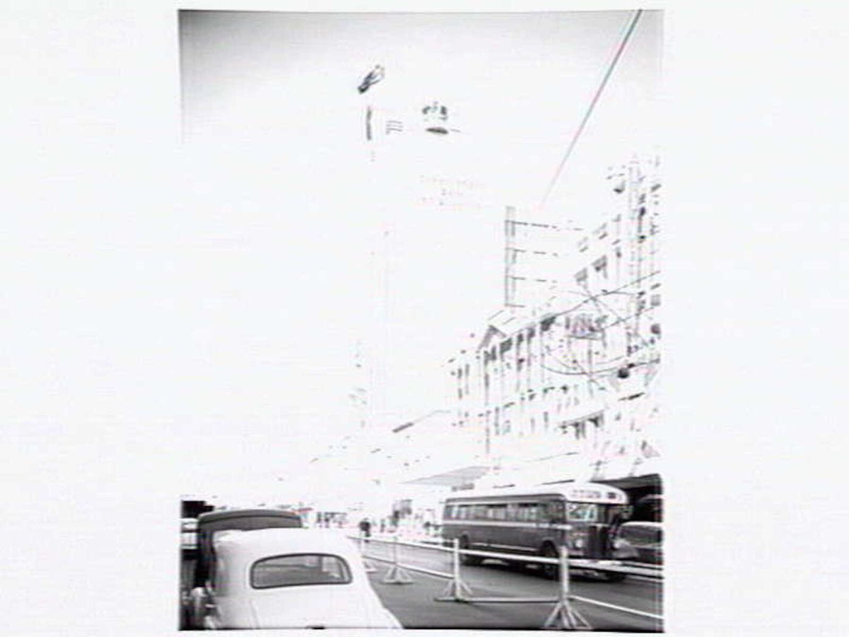 Commonwealth Bank in Collins Street decorated for the Royal visit, Melbourne City (1954)