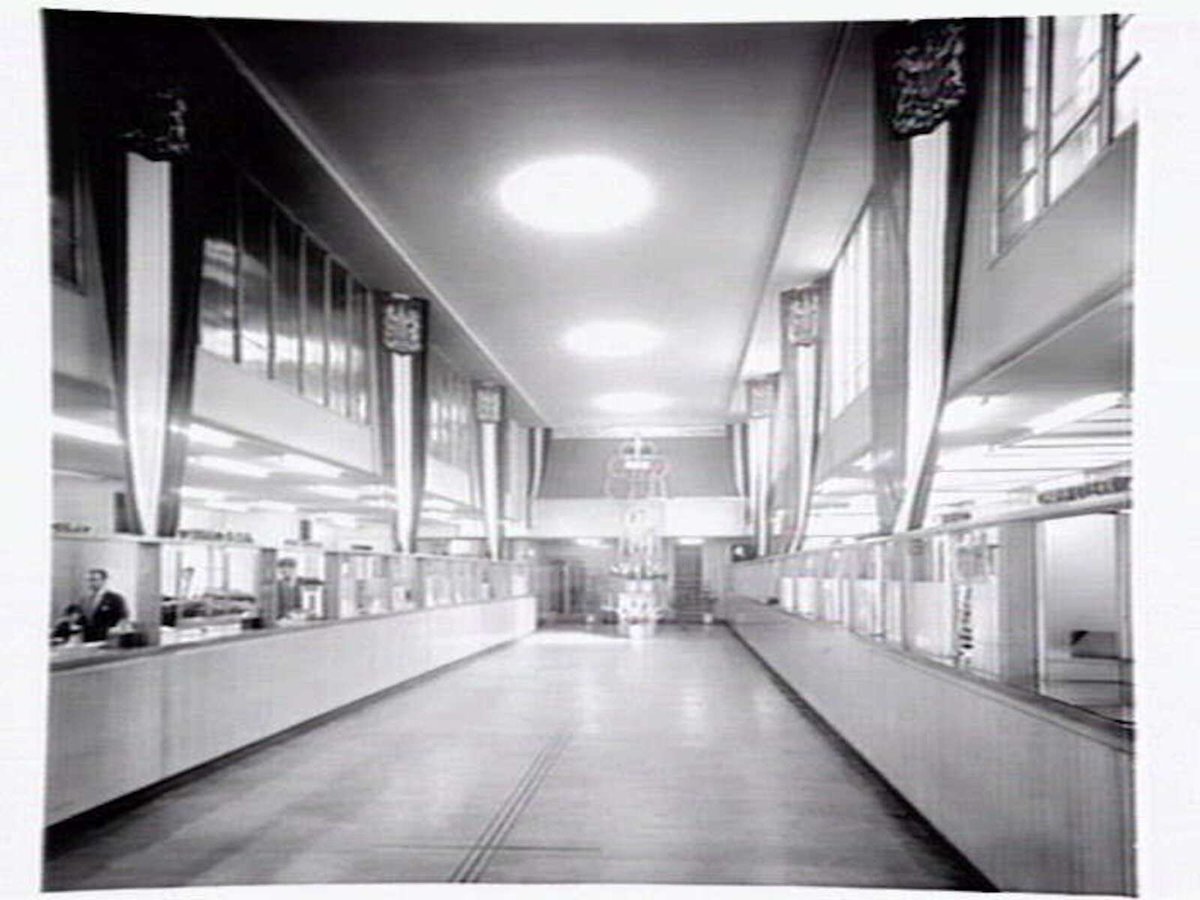 Commonwealth Bank in Collins Street decorated for the Royal visit, Melbourne City (1954)