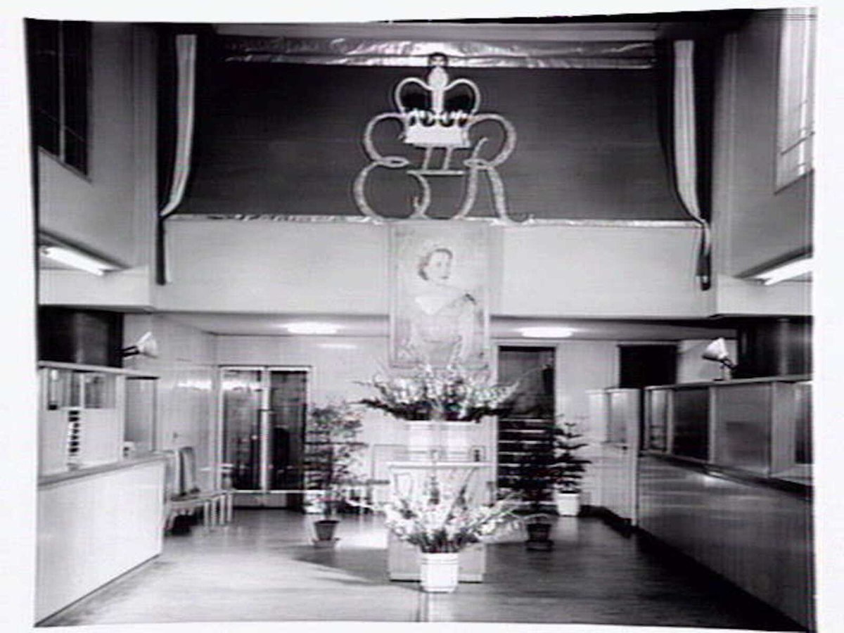 Commonwealth Bank in Collins Street decorated for the Royal visit, Melbourne City (1954)
