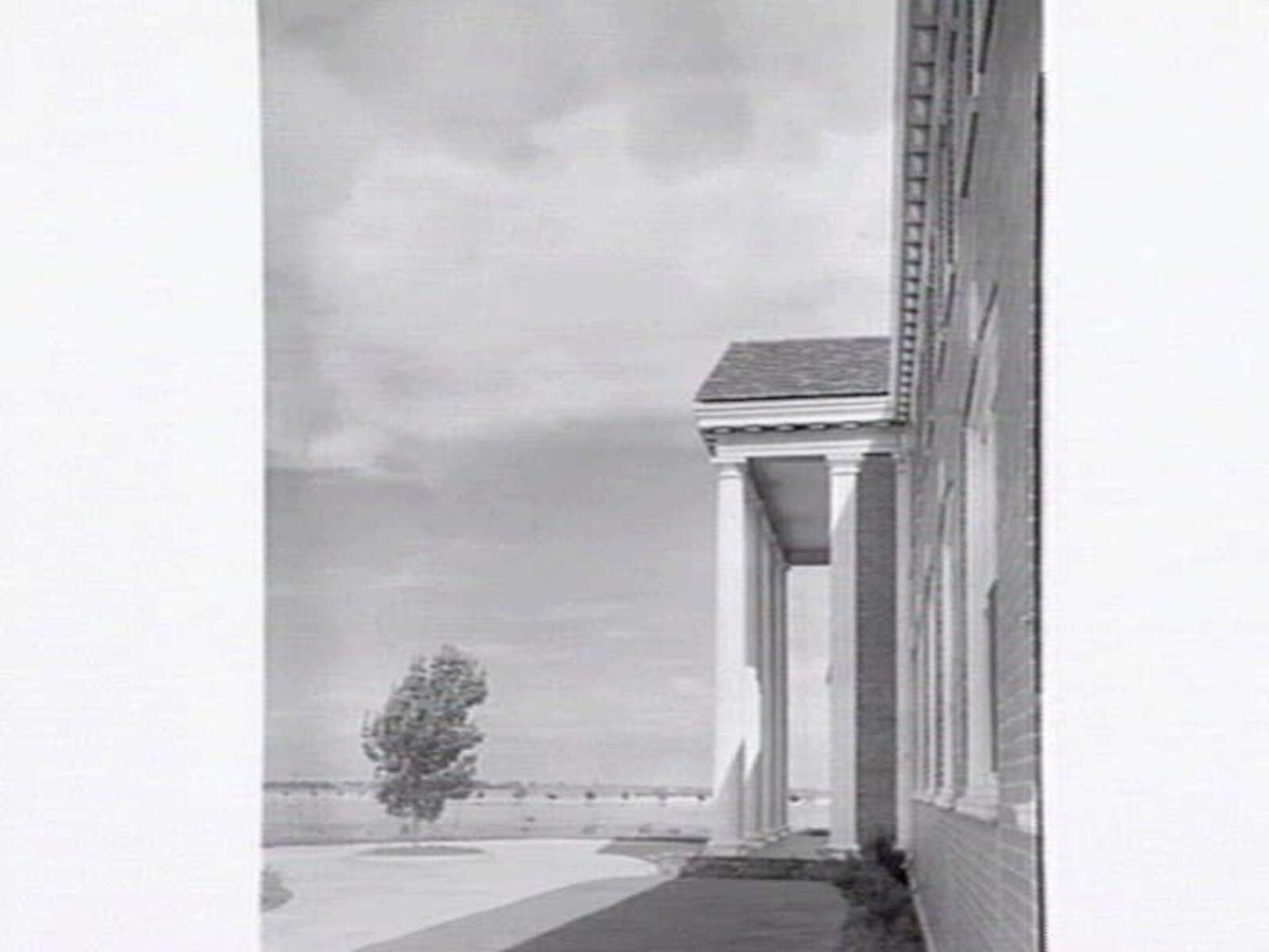 Monsanto Chemicals, Sommerville Rd., Braybrook, showing workers arriving by bus at front gate, plant and head office (1950)