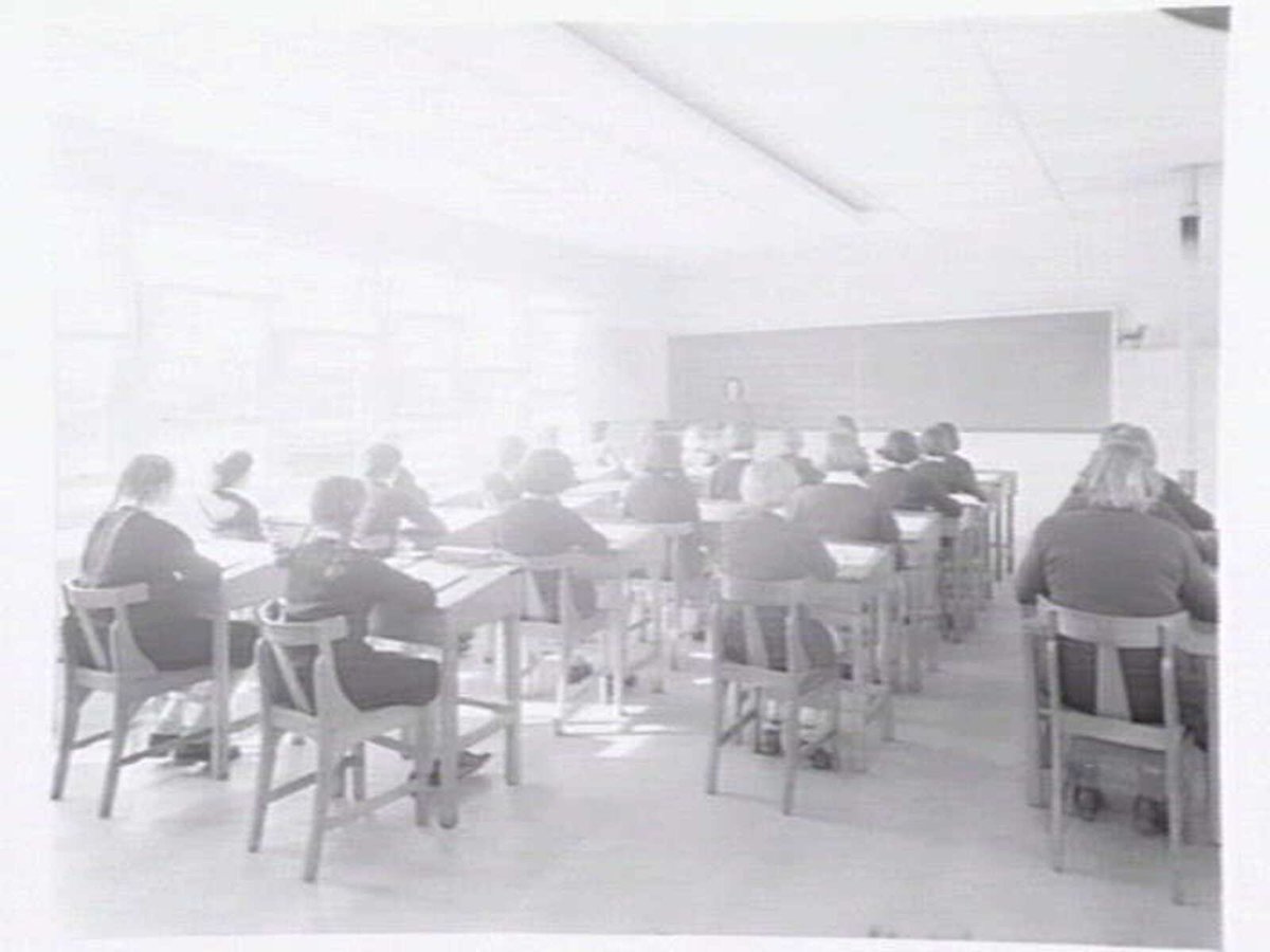Toorak College, Mornington Rd., Mt. Eliza, showing buildings, grounds, facilities and students in class (1949)