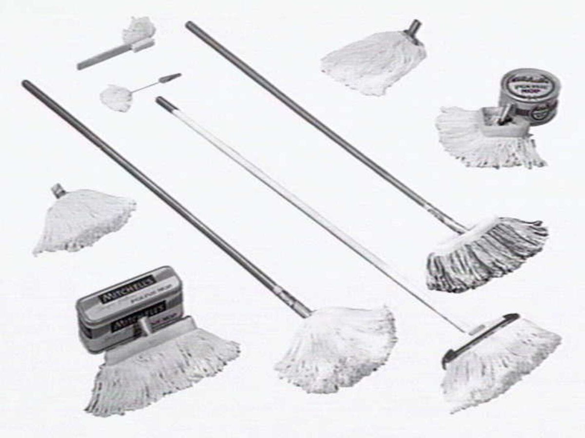 Thomas Mitchell & Son brushwear products, including broom heads, mops, straw brooms, paint brushes, feather dusters, scrubbing brushes and view of premises at 120-152 Victoria St., Brunswick (1952)