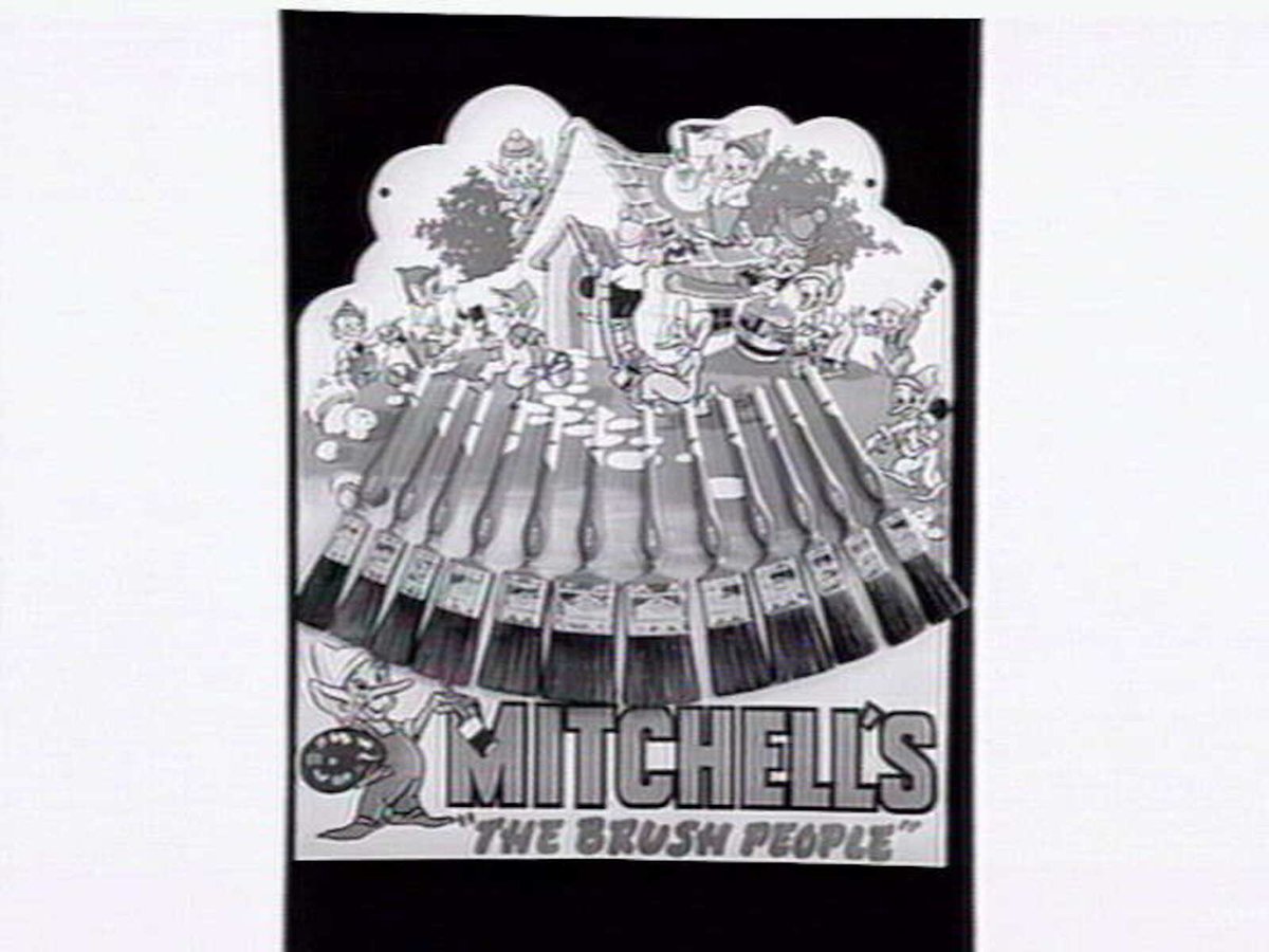 Thomas Mitchell & Son brushwear products, including broom heads, mops, straw brooms, paint brushes, feather dusters, scrubbing brushes and view of premises at 120-152 Victoria St., Brunswick (1952)