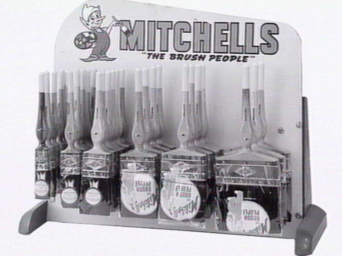Thomas Mitchell & Son brushwear products, including broom heads, mops, straw brooms, paint brushes, feather dusters, scrubbing brushes and view of premises at 120-152 Victoria St., Brunswick (1952)