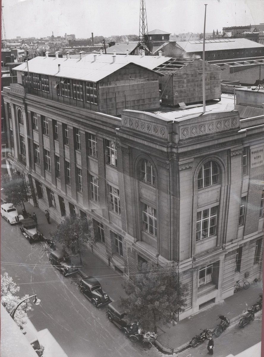 Army huts [to be used as classrooms] erected on top of the Engineering building at the Melb. [Melbourne] Technical school (1948)