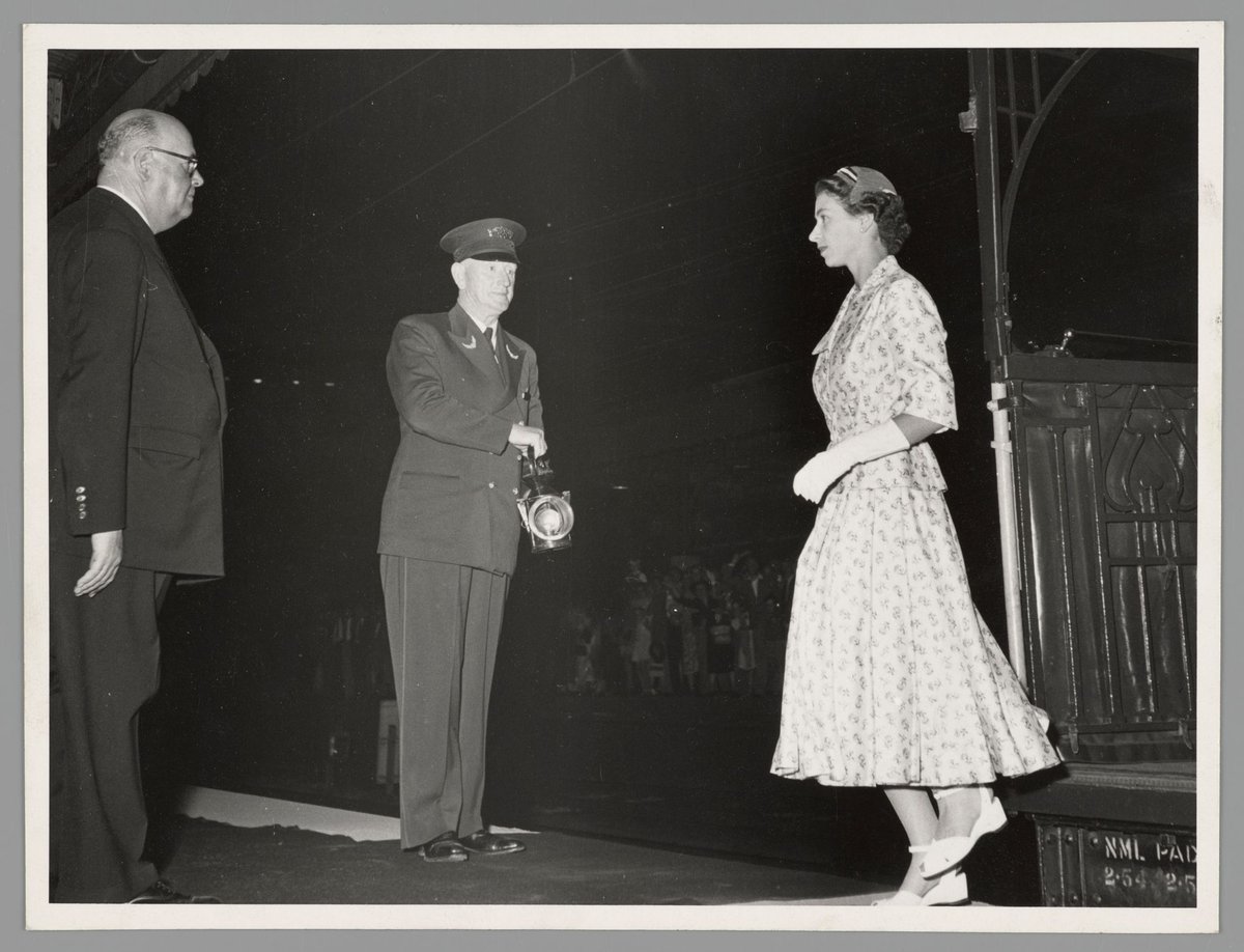 Queen Elizabeth at Flinders Street Railway Station at night, Melbourne City (1954)