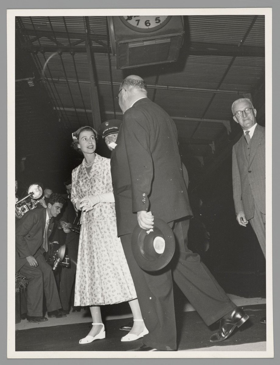 Queen Elizabeth at Flinders Street Railway Station at night, Melbourne City (1954)