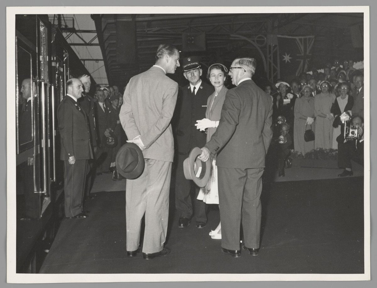 Queen Elizabeth at Spencer Street station at night, Melbourne City (1954)