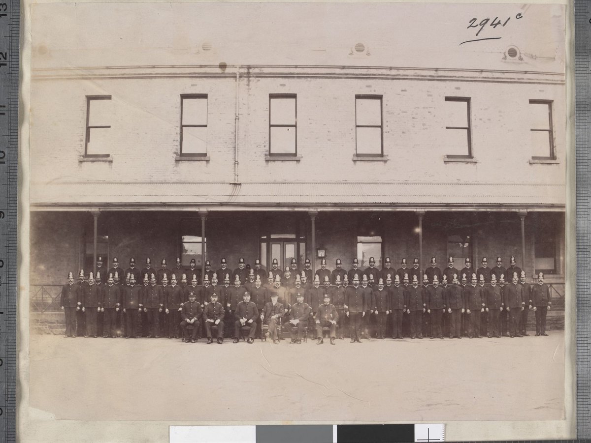 Group of officers and men at Russell St. Police Barracks Melbourne, Melbourne City (1896)