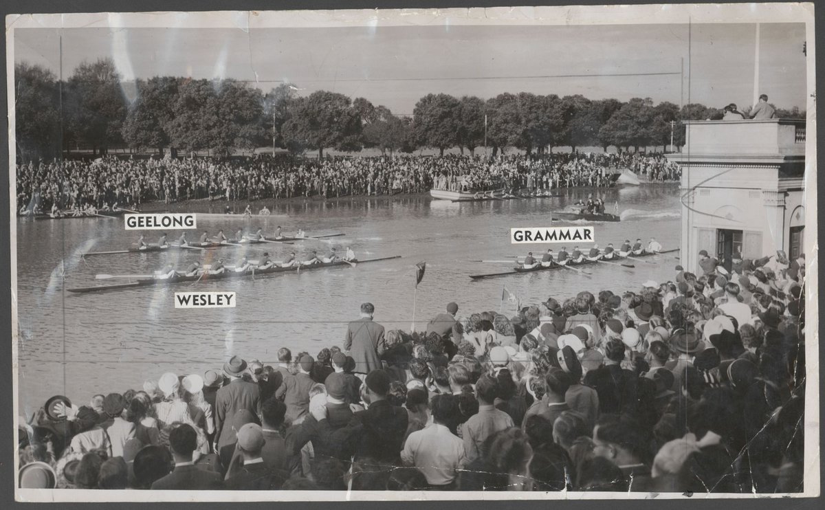 Finish of Head-of-River showing Wesley winning by a third of a length from Geelong College with Melbourne Grammar three-quarters of a length away third, South Yarra (1947)